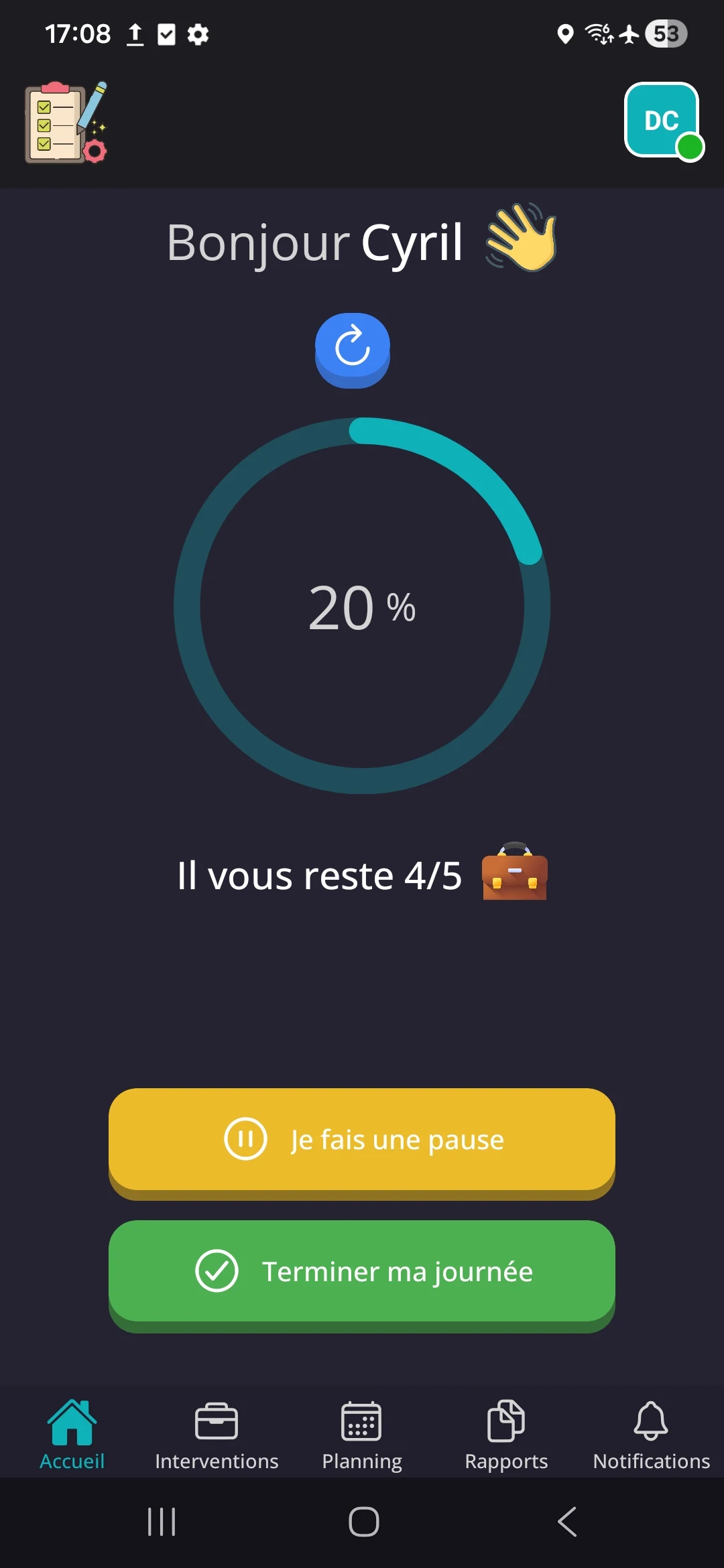 Accueil de l’application mobile OptiTask